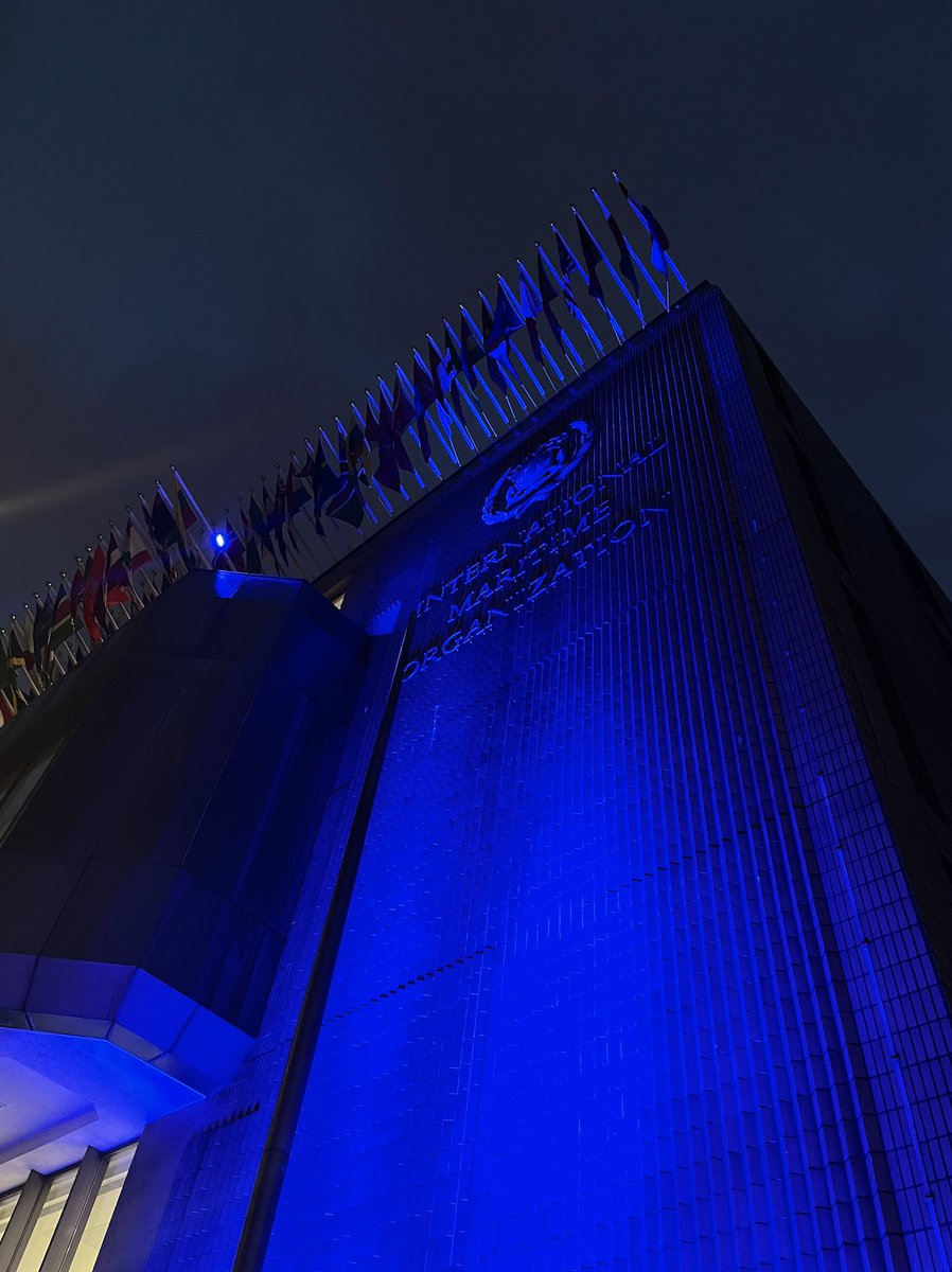 IMOHQ's tweet photo. As we continue to celebrate #WorldMaritimeDay the IMO Headquarters is illuminated in blue, symbolizing the commitment to a safer, greener, and sustainable maritime sector. 🌊💙 #SustainableShipping #MaritimeSafety #IMO https://t.co/KGemqGbWx9