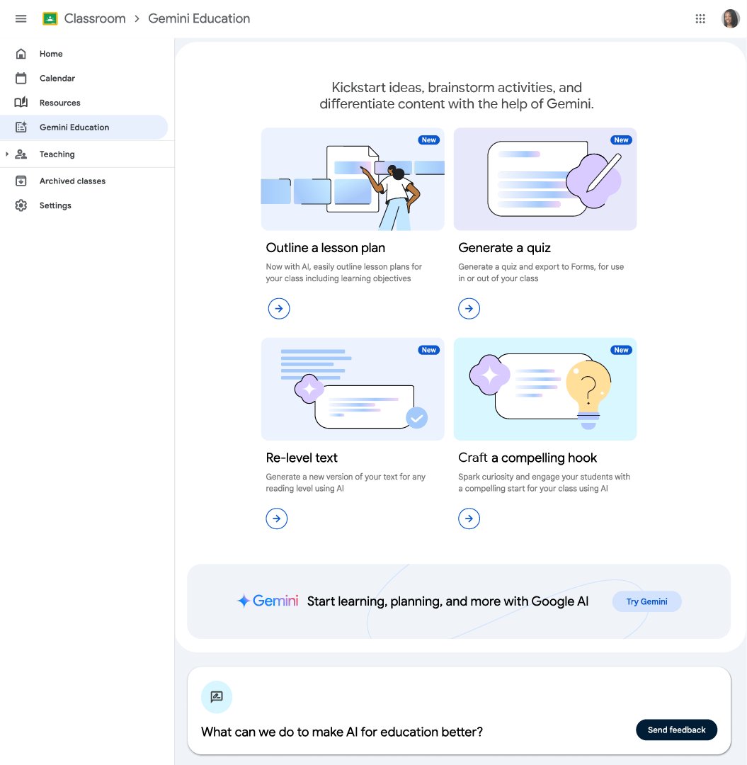 New ways for educators to save time and innovate the learning experience? Gemini for Workspace users can now draft lesson plans &amp; quizzes, re-level text, &amp; more with #Gemini in #GoogleClassroom. Learn more: goo.gle/4eHh7R5