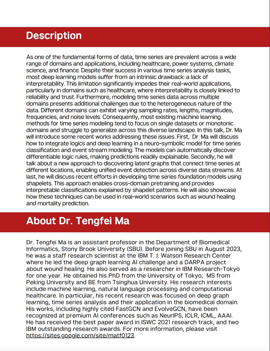 WCM_AIDH's tweet image. We are pleased to have Dr. Tengfei Ma from @stonybrooku to be our October seminar speaker. He will be talking about his recent work on time series analysis models. Please register at bit.ly/3B4V5sO @WCMPopHealthSci
