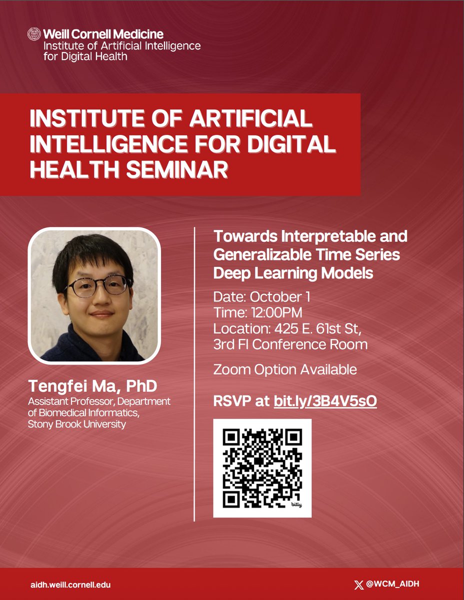 WCM_AIDH's tweet image. We are pleased to have Dr. Tengfei Ma from @stonybrooku to be our October seminar speaker. He will be talking about his recent work on time series analysis models. Please register at bit.ly/3B4V5sO @WCMPopHealthSci