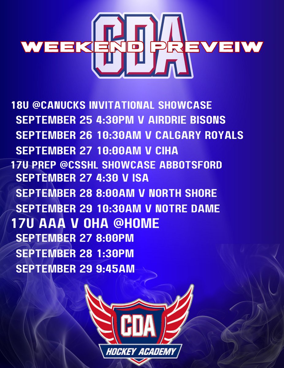 The CDA Hockey Academy has a busy weekend coming up!

•Our 18u group takes on the Calgary Invitational Showcase.

•Our 17prep group is heading to Abbotsford BC for their first CSSHL Showcase of the season. 

•Our 17uAAA team has their home opener this weekend.

#LETSGOCDA