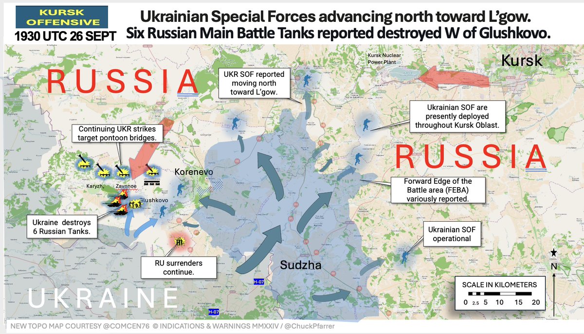 ChuckPfarrer's tweet photo. KURSK OFFENSIVE /1930 UTC 26 SEPT/ Ukrainian Special Forces advancing north toward L’gow. Contact reports indicate six Russian Main Battle Tanks  destroyed W of Glushkovo. https://t.co/8nE1fDXjhL