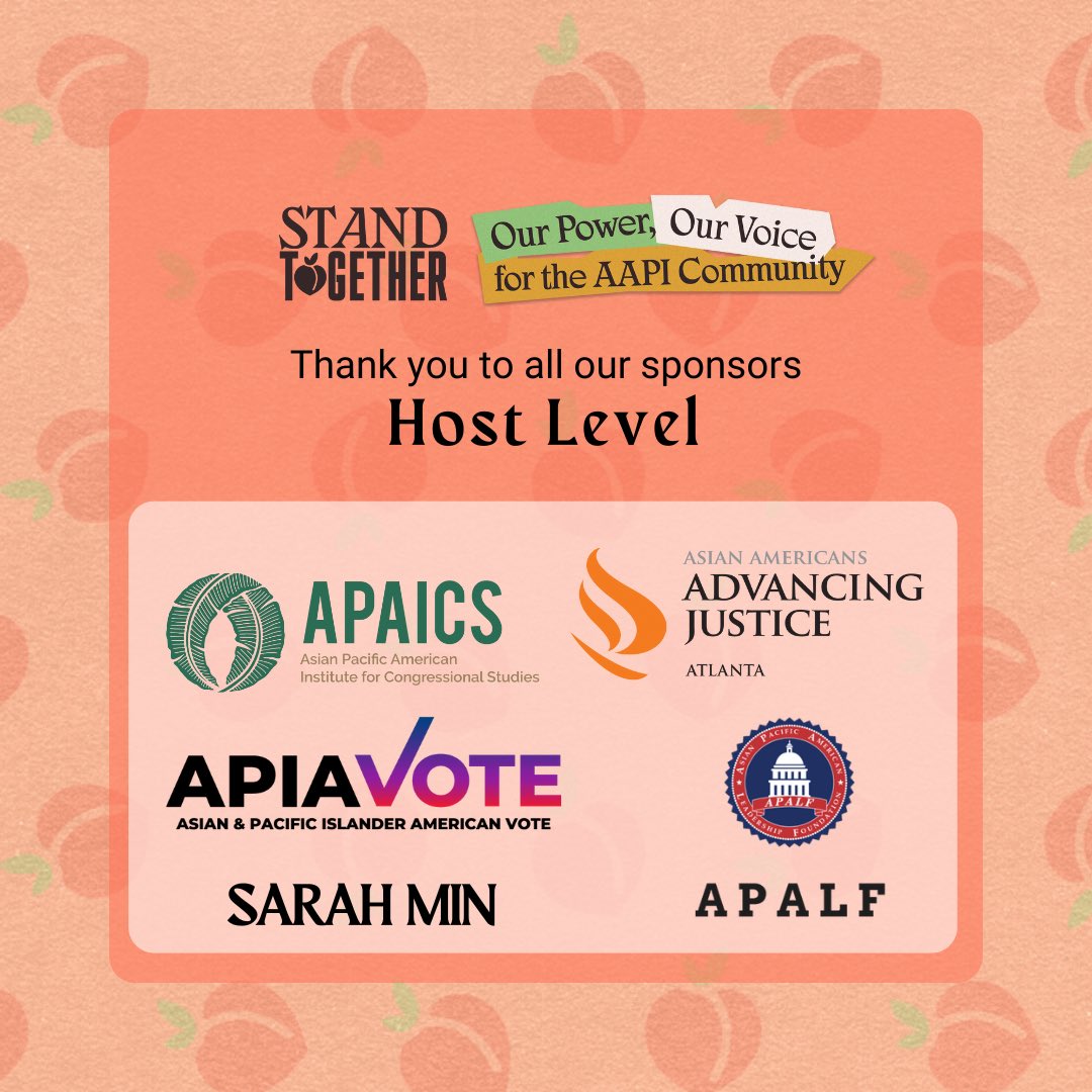 We're grateful to <a href="/APAICS/">APAICS</a>, <a href="/APIAVote/">APIAVote | #StopAsianHate</a>, <a href="/AAAJ_Atlanta/">AdvancingJusticeATL</a>, <a href="/APALFoundation/">APALF</a>, and the Sarah Min Foundation for sponsoring #StandTogetherAAPI at the Host level. We are excited to partner with these orgs to bring together the AAPI community on 10/5 in Atlanta! 🍑

#AAPIpower #AAPIvote