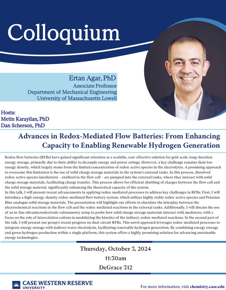 CWRUchemistry's tweet photo. Dr. Ertan Agar @ErtanAgar from @UMassLowell will be visiting the Chemistry Department to give his Colloquium lecture on Thursday, October 3rd at 11:30 am in DeGrace 312. @CaseEngineer  @CWRU_ChBE https://t.co/giVJyOk33R