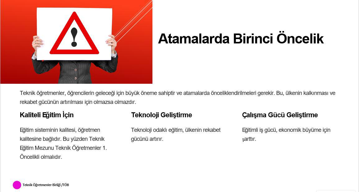 Teknik öğretmenler, sanayinin bel kemiği olan ustaları yetiştiren, ahilik geleneğinden usta-çırak eğitim kültürüyle önce çırak sonra usta sonrasında öğretmen olan teknik eğitim mezunlarıdır. Atama da önce teknik eğitim mezunu teknik öğretmenlerindir.#tekniköğretmenebirinciöncelik