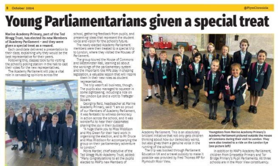 MarineAcademy's tweet photo. Did you spot Marine Academy Primary in the Plymouth Chronicle this week? ๐ A huge thank you to our local MP, @FredThomasUK for supporting our parliamentary visits and @ErnesettleSch & @TBPSchool for helping make these enriching experiences possible.
#MakingAspirationsPossible https://t.co/plgVXlEEGh