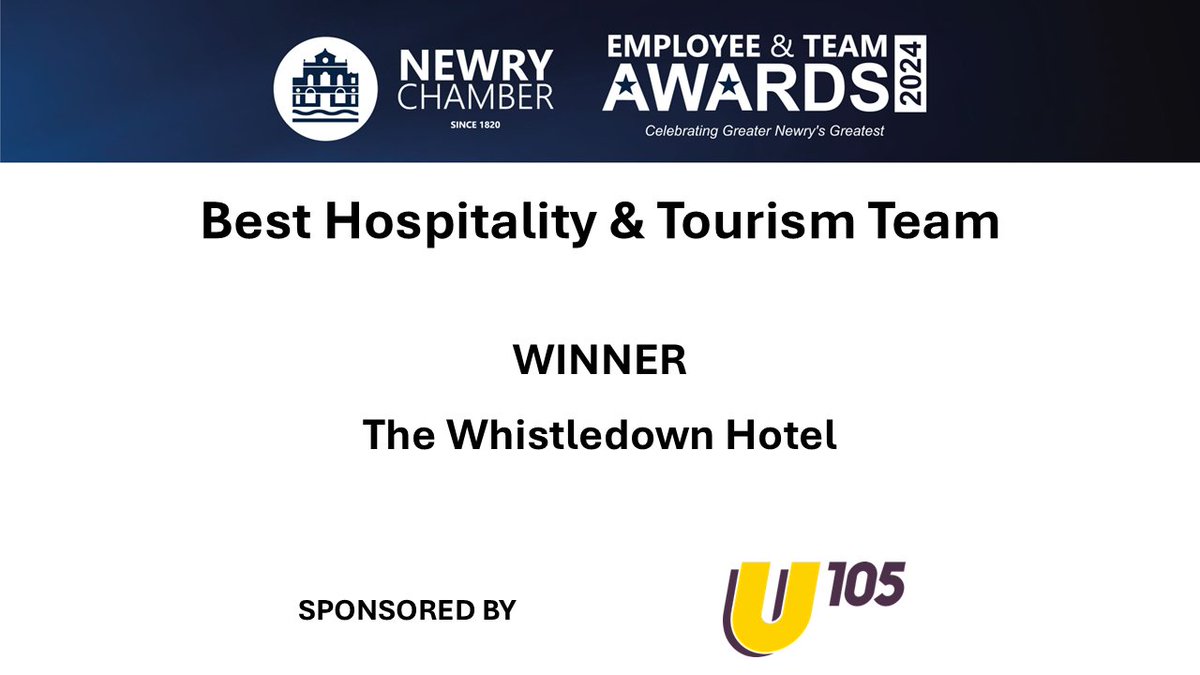 NewryChamber's tweet image. CHAMBER EMPLOYEE &amp;amp; TEAM AWARDS 🌟

BEST HOSPITALITY &amp;amp; TOURISM TEAM

SPONSORED BY:
@U105radio

WINNER:
The Whistledown Hotel

#NewryChamberAwards2024