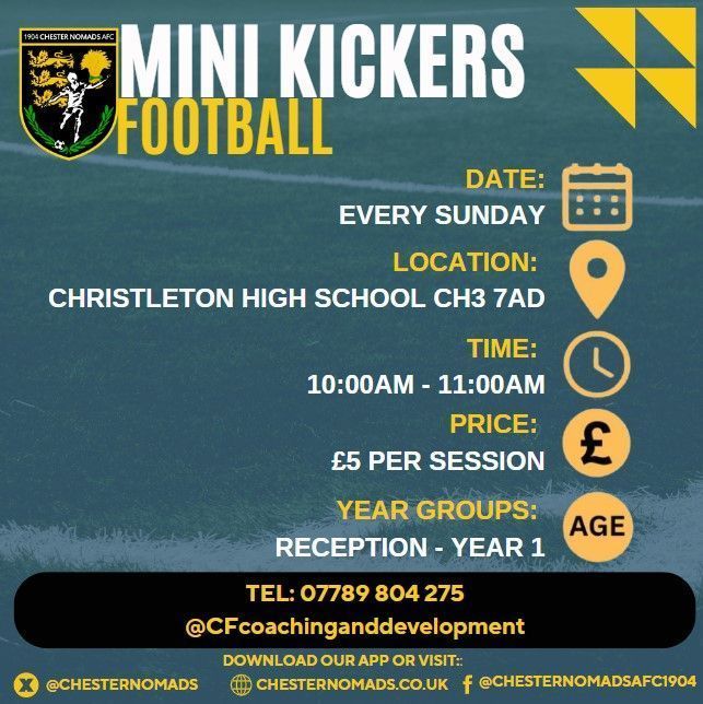 ChesterNomads's tweet photo. budding young footballers are invited down to our new season Mini Kickers sessions - pay as you play https://t.co/RHVprktlZp