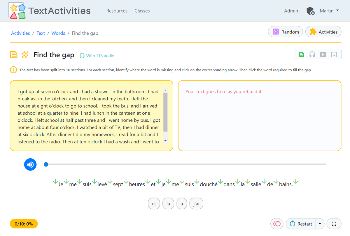 TextActivities's tweet photo. ⚠️ FIND THE GAP! 🤩 👇👇👇

🌍 https://t.co/JpilzxWFp8

#mfltwitterati #langchat #mflchat 
Click on the above link to open this activity combining listening and translation

ℹ️ Students click the arrow where the word is missing, then choose from the options to fill it. This continues until the text is completed

👀 Since this is a direct link to an actvity which will play audio, you may need to click to allow TTS audio when the activity loads