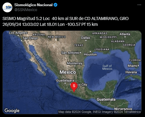EjeCentral's tweet photo. #Actualizamos | El Sismológico Nacional actualizó a 5.2 la magnitud del #sismo con epicentro en #Guerrro
https://t.co/2HcHpfsArC https://t.co/YFi2gfI6h1