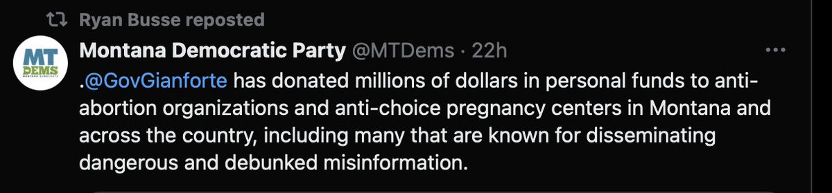 MontanaSource's tweet photo. Fact Check -partially true, but Gianforte has also given over $120 million in personal funds Montana Charities that have nothing to do with abortion.
Ryan Busse has given Nothing, Nada, Zero to Montana charities.
Gianforte Gives..
Busse Takes....
#FecalFreak #CoedAbuser https://t.co/aaPyBRVLtY