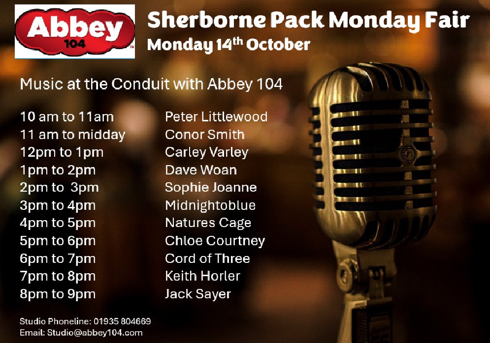 Abbey_104's tweet photo. Not long to go now just 18 sleeps to wait until this yearβs #packmonday fair.
Please come along and say hello & listen to some fantastic local artists, on the #abbey104 Stage at the Conduit at the bottom of Cheap Street. https://t.co/memPnEnmkk
