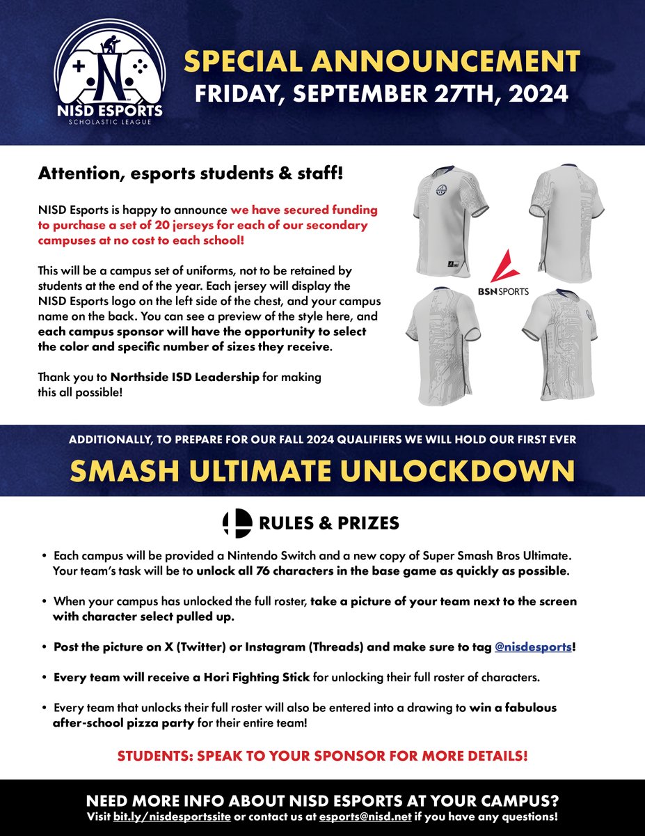nisdesports's tweet photo. Attention, #nisdesports students and staff! Today we have a special announcement about jerseys, and information about a contest leading into our Fall 2024 qualifiers! https://t.co/xsz2M3u4DO