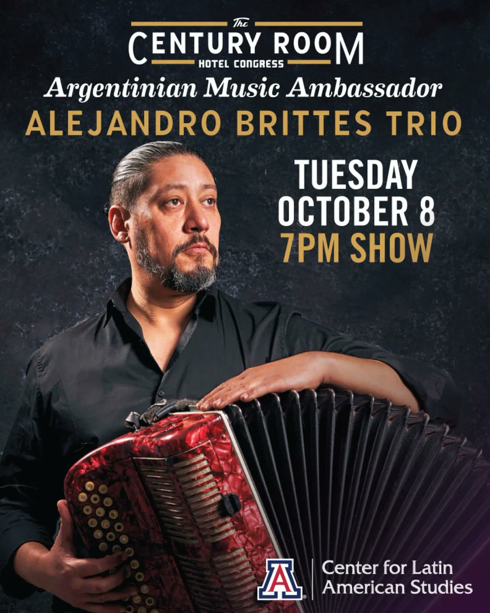 Welcome Argentinian Music Ambassador and accordionist Alejandro Brittes to the Century Room! Co-presented with the UA Center For Latin American Studies.

Get tickets below:
shorturl.at/MxYfJ