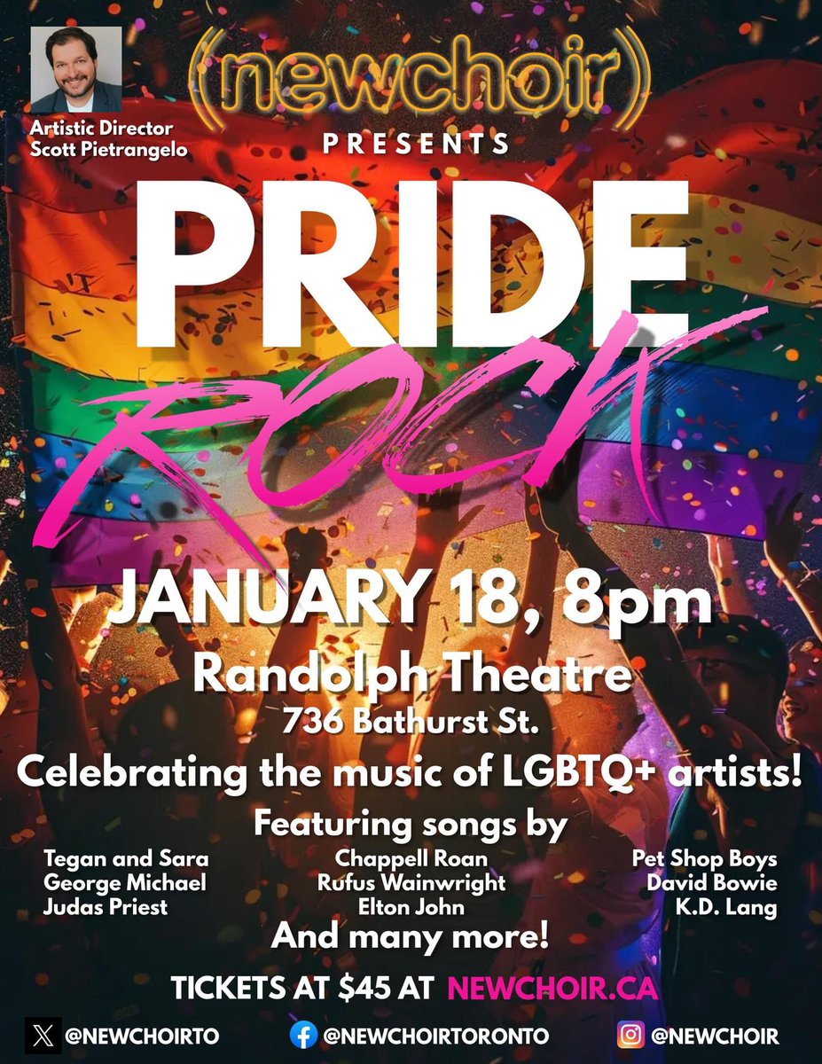 ANNOUNCEMENT: our next concert, "PRIDE ROCK," on Sat Jan 18, 8pm at Randolph Theatre, celebrating the music of LGBTQ+ artists like Elton John, Tegan and Sara, Chappell Roan and more. Tix $45 on sale at 9am on Fri, Oct 11. #concert #livemusic #rockchoir #torontochoirs #tickets