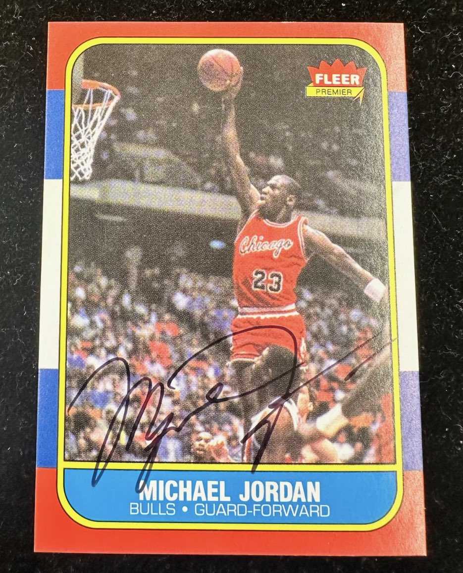darrenrovell's tweet photo. Beckett received a bunch of Michael Jordan signed 1986 Fleer cards with an Upper Deck hologram. 

They were all failed. 

It is believed the cards, holograms and signatures were all fakes. https://t.co/AaG7zolHQ0