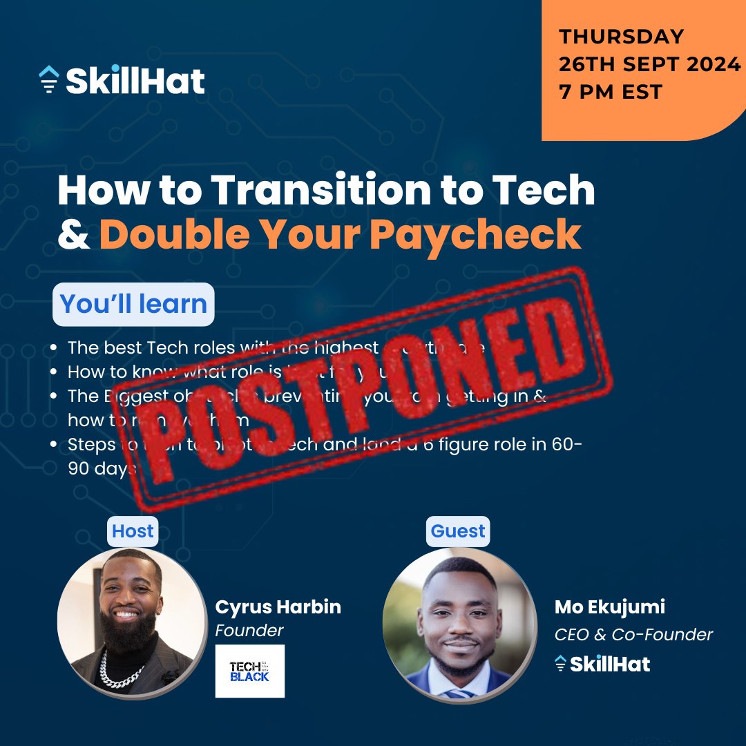 skillhat_'s tweet photo. Important Update: Event Rescheduled to October 3rd at 6 PM EST  

We wanted to let you know that our live Q&amp;A session with Mo' Ekujumi, originally scheduled for tonight, has been rescheduled to Tuesday, October 3rd at 6 PM EST.  

We sincerely apologize for any inconvenience, https://t.co/UOjUr9oOS1