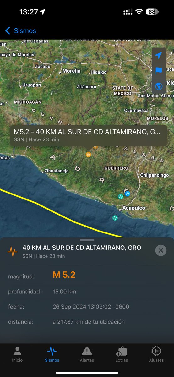 SasslaMx's tweet image. 📢⚠️ Resumen por #AlertaSísmica el 26 de septiembre a las 13:03 hrs:

🚨 Se activó la #AlertaSísmica oficial (@SASMEX) en las ciudades de: #Toluca, #Chilpancingo, #Acapulco, #Cuernavaca y #Morelia.

El #sismo fue de magnitud 5.2 y su epicentro se localizó 40 km al sur de Ciudad…