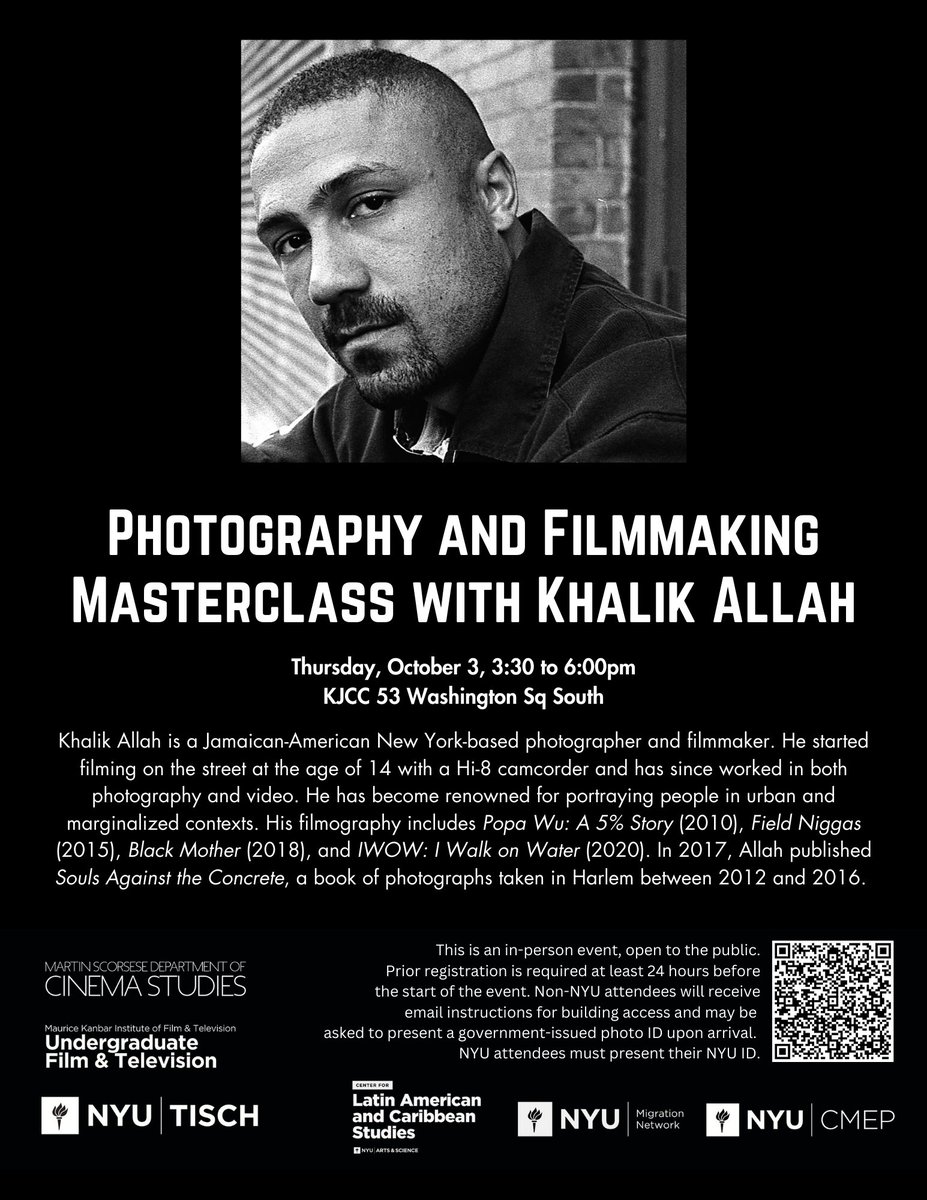 Join us for two events featuring photographer and filmmaker Khalik Allah. Registration is required.
10/03 masterclass RSVP: docs.google.com/.../1FAIpQLSfI…
10/04 film screening RSVP: eventbrite.com/.../khalik-all…...