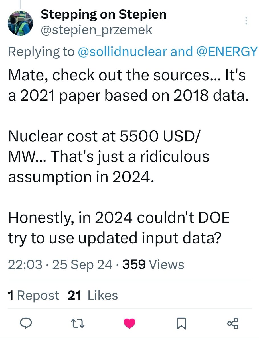 This is typical in my feed: nuclear proponents boasting nuclear is cheaper, without sources, and based on spurious outdated and overly optimistic assumptions.
Please up your game.