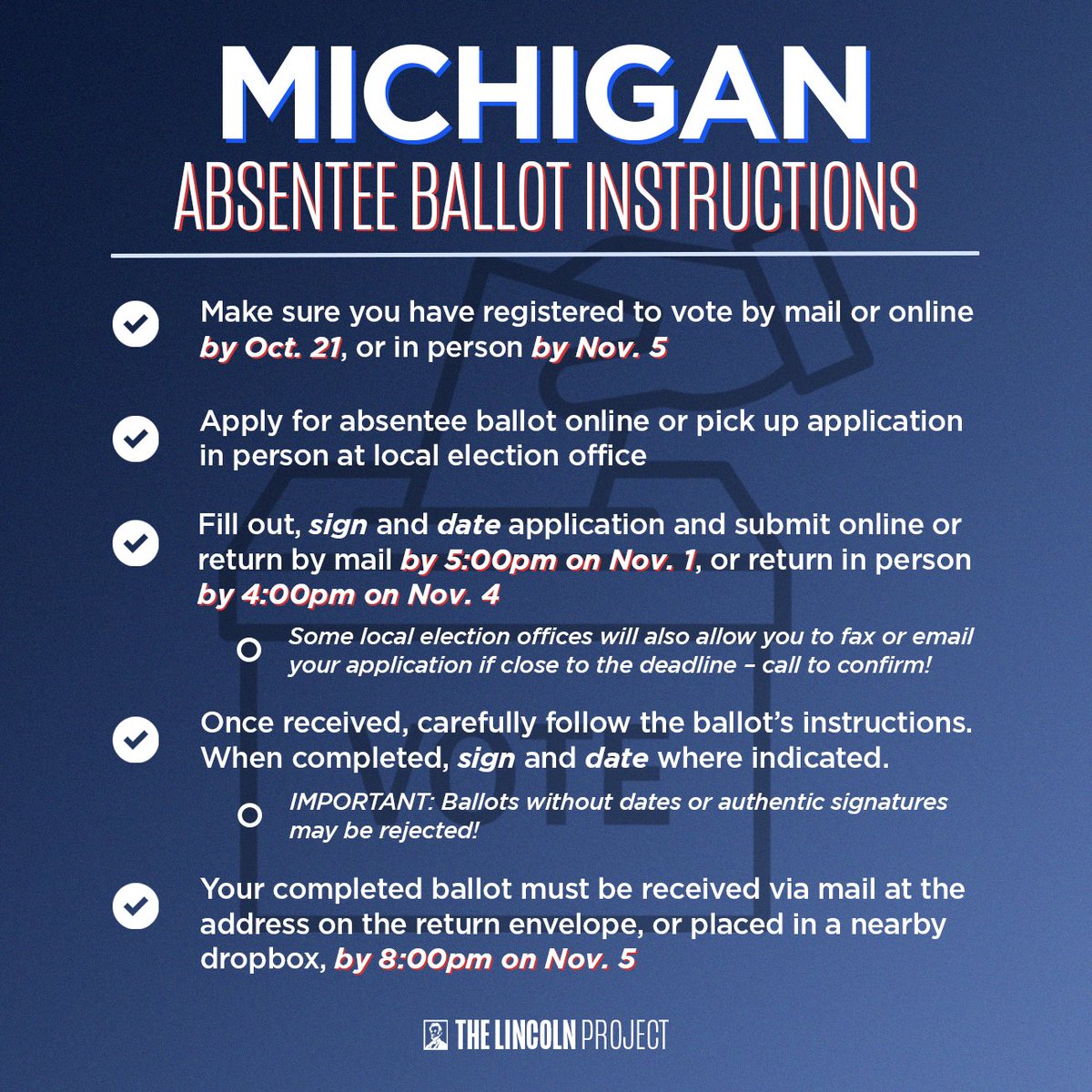 ProjectLincoln's tweet image. 🚙  MICHIGAN: Michigan voted closest to the national popular vote margin in 2020. In 2024, you could be that voice of the nation again. So be sure to make a specific plan for casting your vote! Absentee voting is an easy, convenient way to vote, so here are your step-by-step…