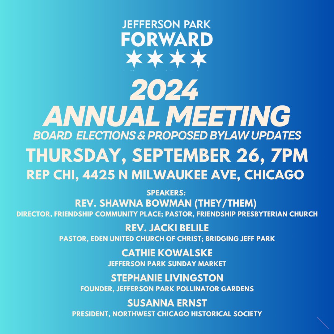 TONIGHT (9/26)! JPF Annual Meeting &amp; Elections at Rep Chi (4425 N Milwaukee Ave., Chicago) at 7pm. mailchi.mp/jeffersonparkf…