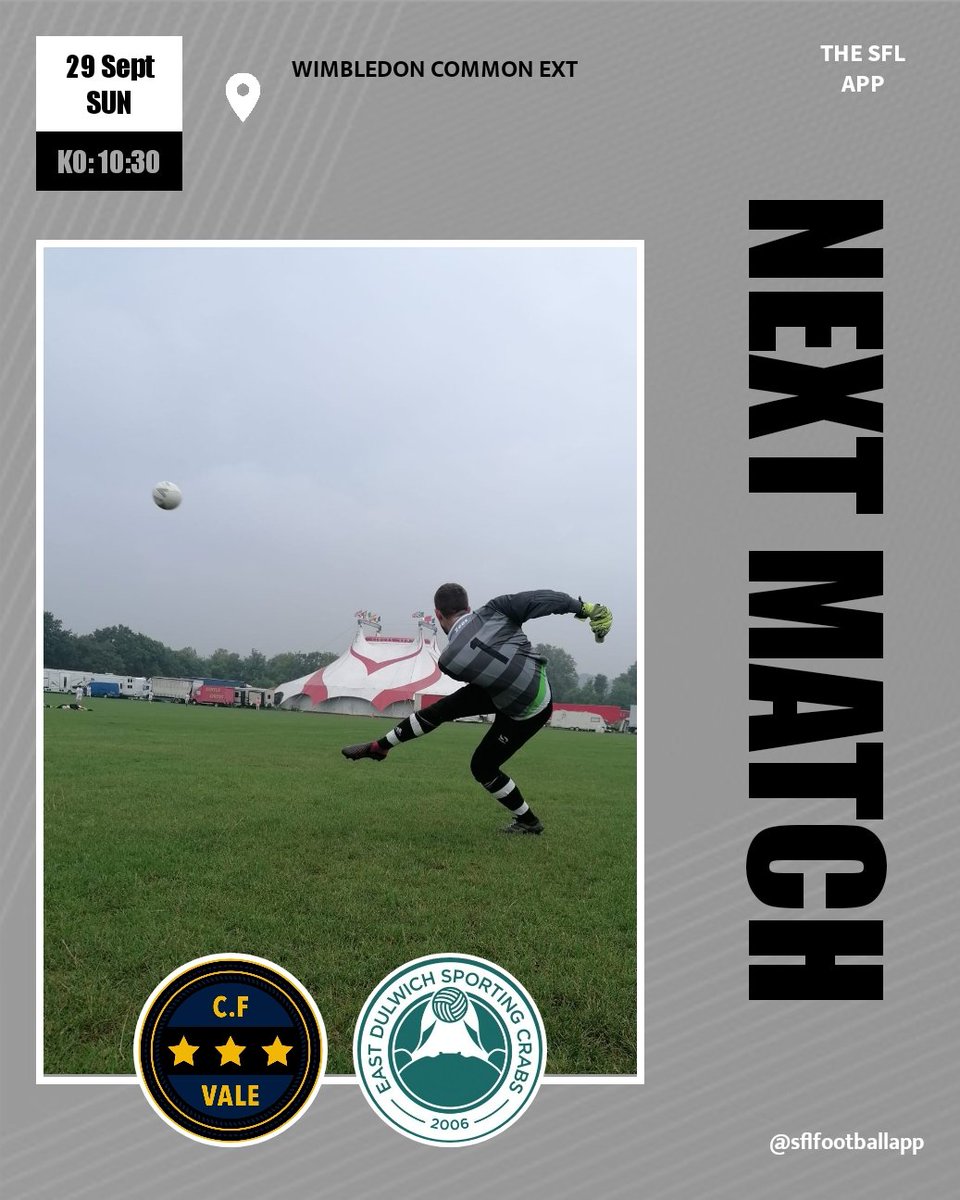 Club Football Vale (@cfvale_) on Twitter photo Up Next, we have a familiar opposition in <a href="/SportingCrabs/">Sporting Crabs</a>.
Hoping to build on the W's in the last 2 games and make it 3 in a row.
<a href="/SouthernSunday/">Southern Sunday Football League</a> Up Next, we have a familiar opposition in <a href="/SportingCrabs/">Sporting Crabs</a>.
Hoping to build on the W's in the last 2 games and make it 3 in a row.
<a href="/SouthernSunday/">Southern Sunday Football League</a>