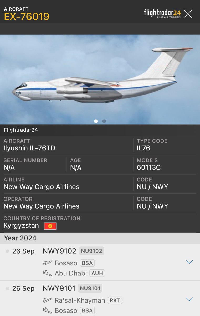 AliYahyaSDN's tweet photo. يوم حافل لطائرات New Cargo Way Airlines، الطائرة الثانية بالتسجيل EX-76019 ايضا قامت اليوم برحلة من راس الخيمه الي بوصاصو في الصومال و عادت الي ابوظبي هذا المساء.
#EX76019 https://t.co/WzmAtZBM6J