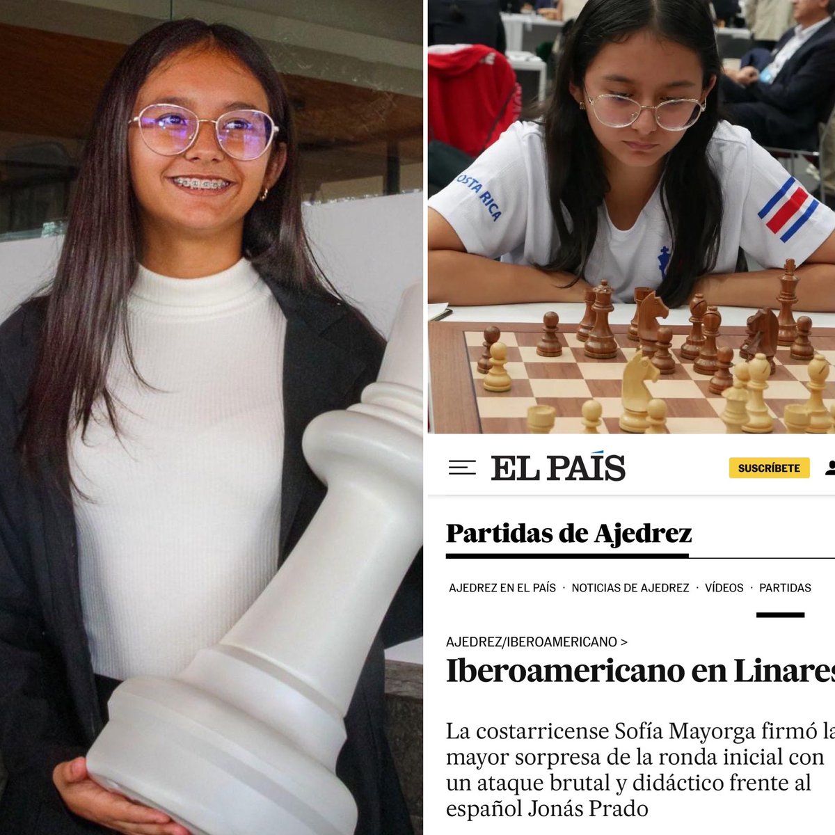 lajornadacrc's tweet photo. ÚLTIMA HORA: la costarricense Sofía Mayorga, de 14 años, es noticia a NIVEL INTERNACIONAL por derrotar a Jonás Prado, uno de los mejores ajedrecistas de España. 🤯🔝🇨🇷

El Diario El País la describe como la “gran sorpresa” del Campeonato Iberoamericano Mayor. ♟️

¡Notable! 👏🏽 https://t.co/jKXGGJkTDf