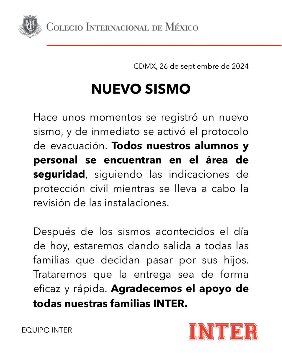 🚨 Se registra nuevo sismo. Todos nuestros alumnos y personal se encuentran a salvo en el área de seguridad.

#InterMx #ComunidadINTER #sismo