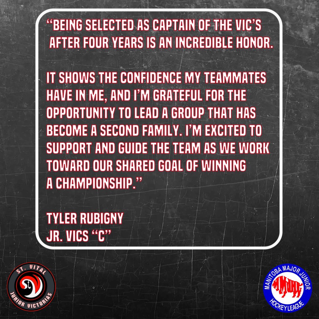 stvitaljrvics's tweet photo. 🚨ANNOUNCEMENT🚨

Your VICS have named Tyler Rubigny Captain for the 2024/25 #MMJHL season!

Former Captain Denis Gagnon passes the torch to Rubigny as we start the regular season tonight.

#govicsgo #showtime #leftsideheavy https://t.co/S1osIgO6DC