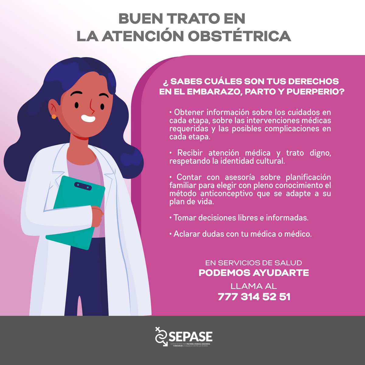 GobiernoMorelos's tweet photo. Conoce más sobre la violencia obstétrica e infórmate sobre tus derechos.
¡Recibir un buen trato es tu derecho!
#SEPASE #Morelos https://t.co/WNEaVY3nEp
