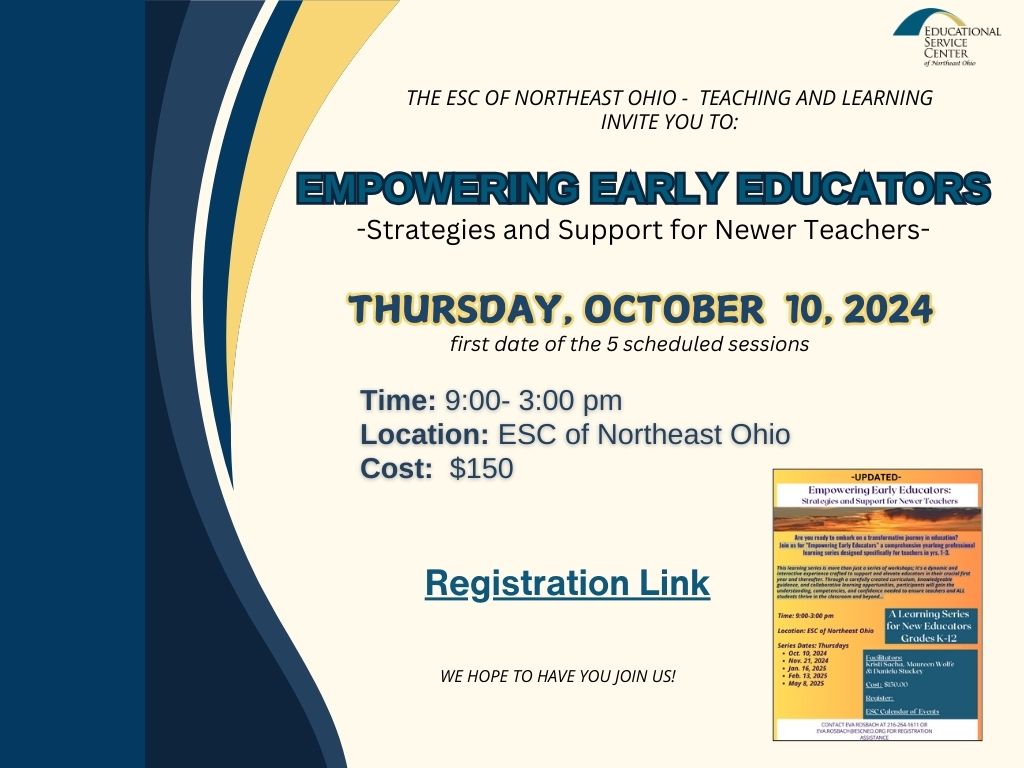 📚 Empowering Early Educators📚
New teachers (Years 1-3), join a yearlong series to boost your skills &amp; confidence! 

First session: Oct 10, 9 AM-3 PM @ ESC of NE Ohio.

Cost: $150

🔗 Register: escneo.org/protected/Even…

#ProfessionalLearning #EdSupport #ESCNEO <a href="/ESCNortheastOH/">ESCNortheastOhio</a>