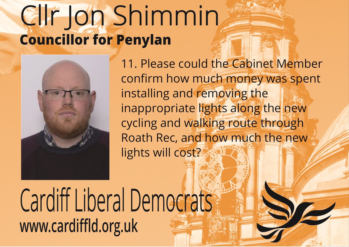 cardifflibdems's tweet photo. Question 11 is from Penylan councillor @jon_shimmin asking how much money was wasted installing and removing the inappropriate street lights at Roath Rec. The cabinet member didn’t know the answer and he refused to apologise for the handling of the scheme https://t.co/6pJg2rRlqh