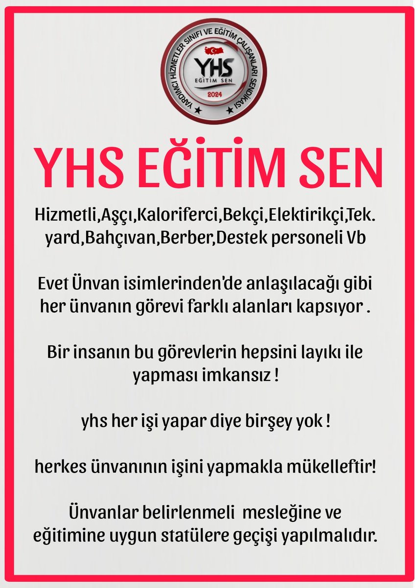 ✅Hizmetli,Aşçı,Kaloriferci,Bekçi,Tek.yard,Bahçıvan,Berber.vb. @YhsEgitimSen

✅Evet unvan isimlerinden'de anlaşılacağı gibi her unvanın görevi farklı alanları kapsıyor.

✅Bir insanın bu görevlerin hepsini layıkı ile yapması imkansız !

✅yhs her işi yapar diye birşey yok !