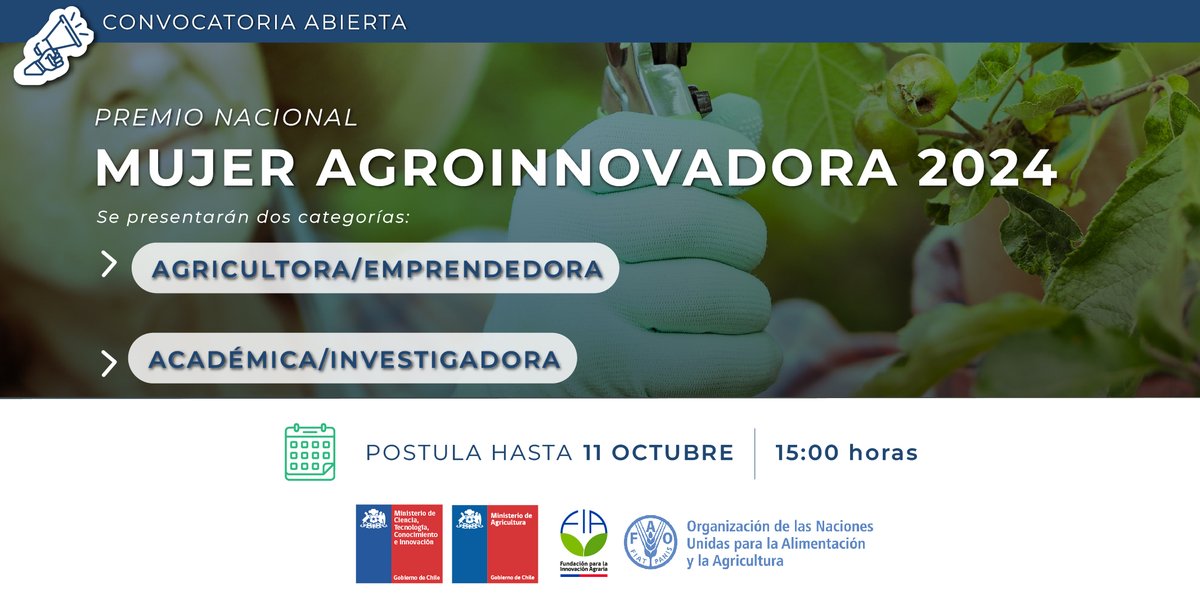 ¡Aún puedes postularte a ti o nominar a otra mujer que creas que se merece este reconocimiento! 👩‍🌾👩‍🔬

🚜 Participa en una de nuestras categorías:
🔹 Agricultora/Emprendedora
🔹 Académica/Investigadora