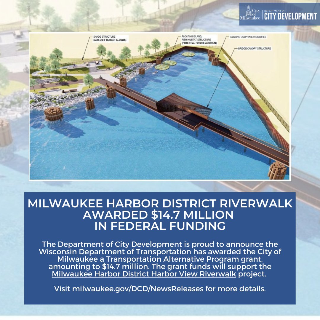 MilwaukeeDCD's tweet image. DCD is proud to announce WisDOT has awarded the City of Milwaukee a Transportation Alternative Program TAP grant, amounting to $14.7 million. The funds will support the Milwaukee Harbor District Harbor View Riverwalk project.

Read the full press release: tinyurl.com/5yy8d476