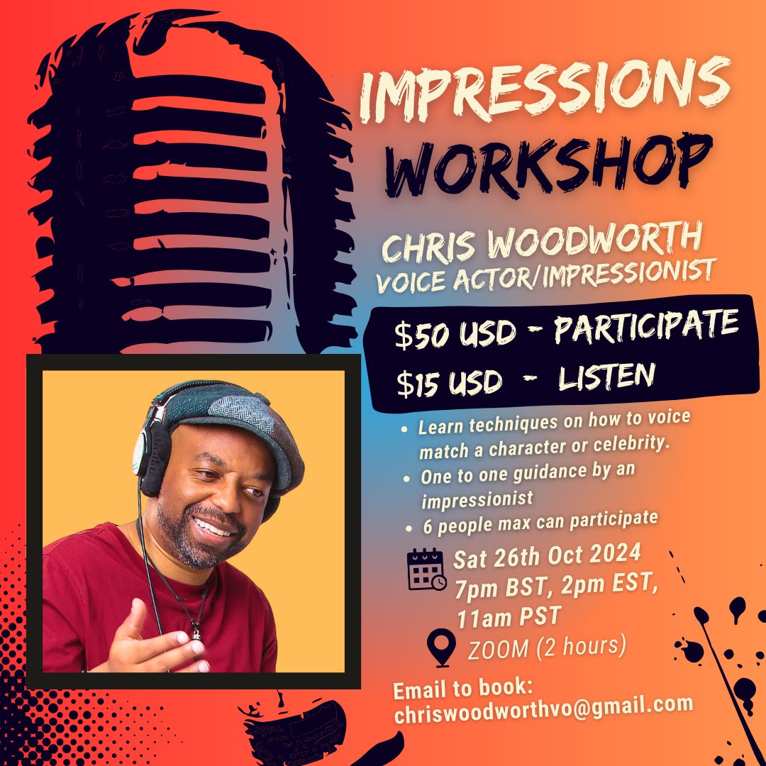 Voice actors!

Now taking bookings for my next workshop, as the last one was such a success!

Email me to book your spot and we’ll have a blast. 🙂🎉

chriswoodworthvo@gmail.com