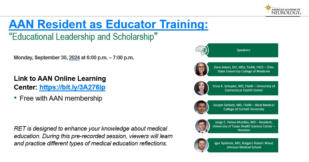 Reminder
@AANMember Resident as Educator Training Webinar Series
Educational Leadership and Scholarship
Monday, September 30, 2024 at 6:00 p.m. CT
Register: learning.aan.com/courses/78065/…