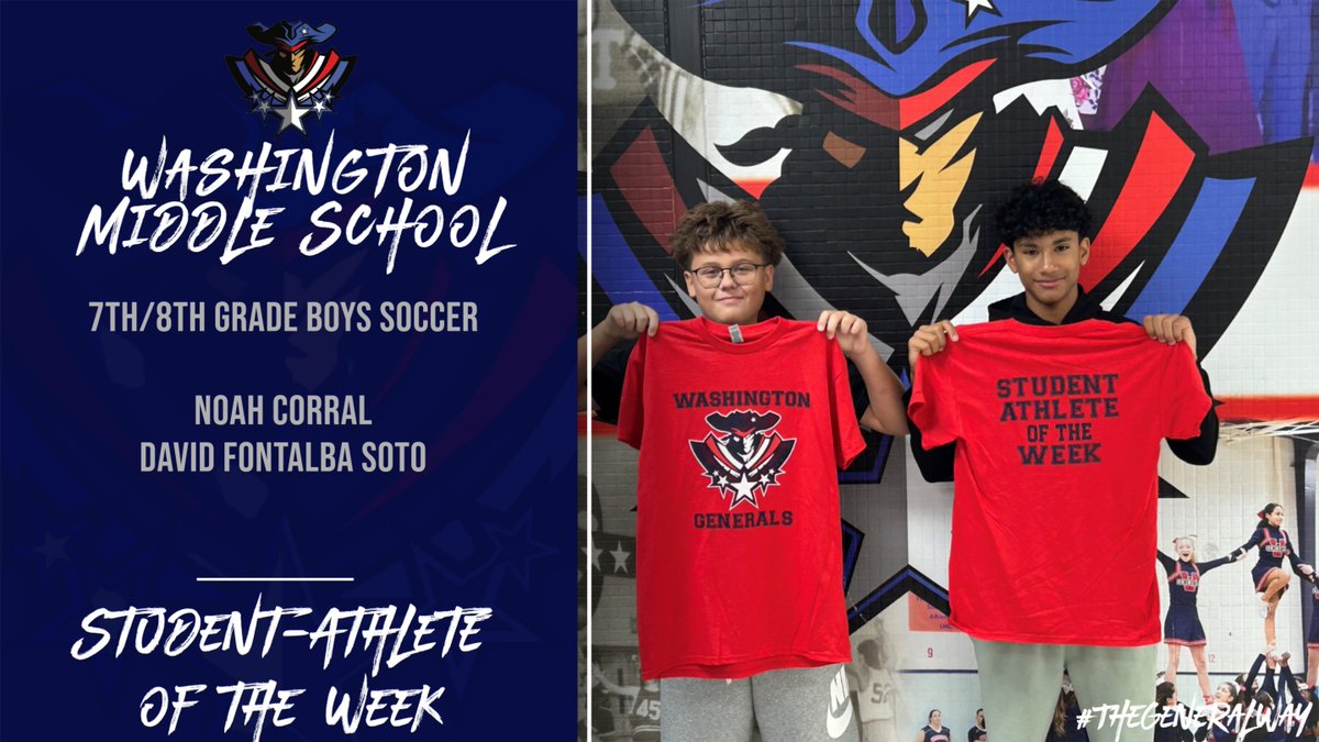 🎉 Proud to announce our "Student-Athlete of the Week" winners: David and Noah from the 7th/8th grade boys soccer team! True Generals! So proud of you both and excited for your future! ⚽️ #TheGeneralWay