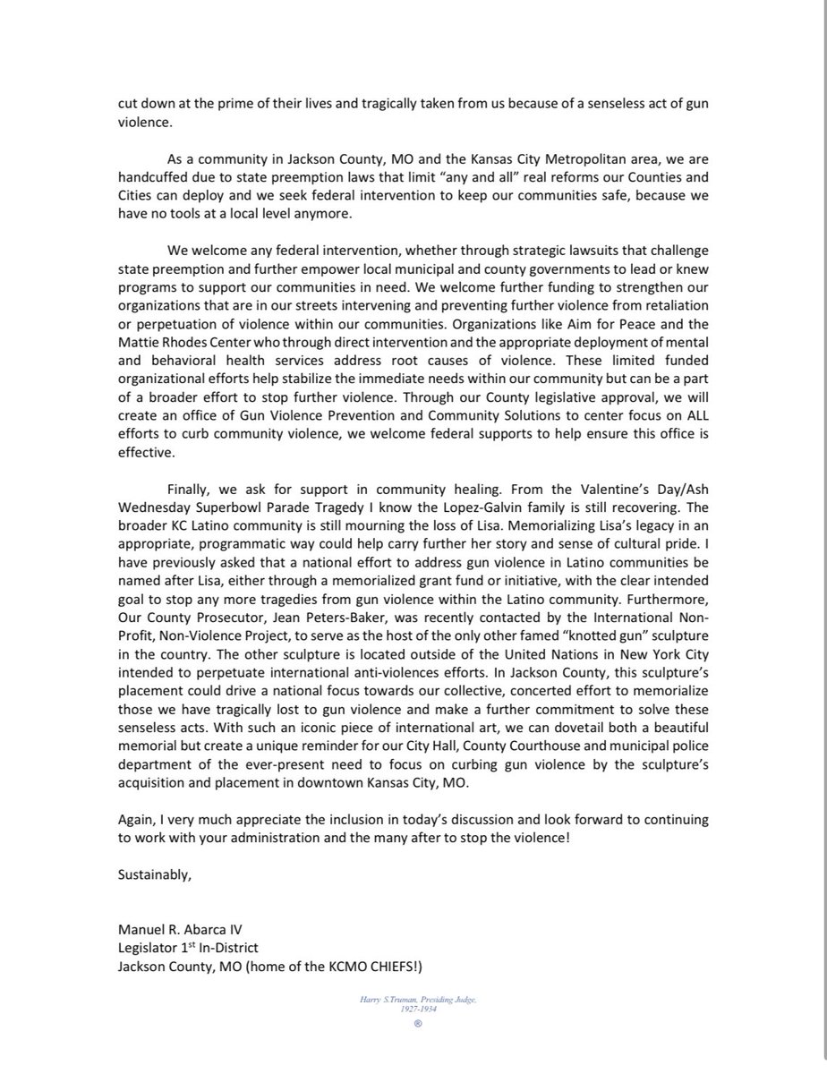 MannyAbarcaIV's tweet photo. Today, this is the letter I plan to share with the administration to help curb gun violence in #KansasCity and throughout @JacksonCountyMO 

#CommonSenseGunReform doesn’t mean the elimination of rights or access, it means that we care more about our kids safety, and the safety of our public spaces to let guns of any type to continue to go unregulated!