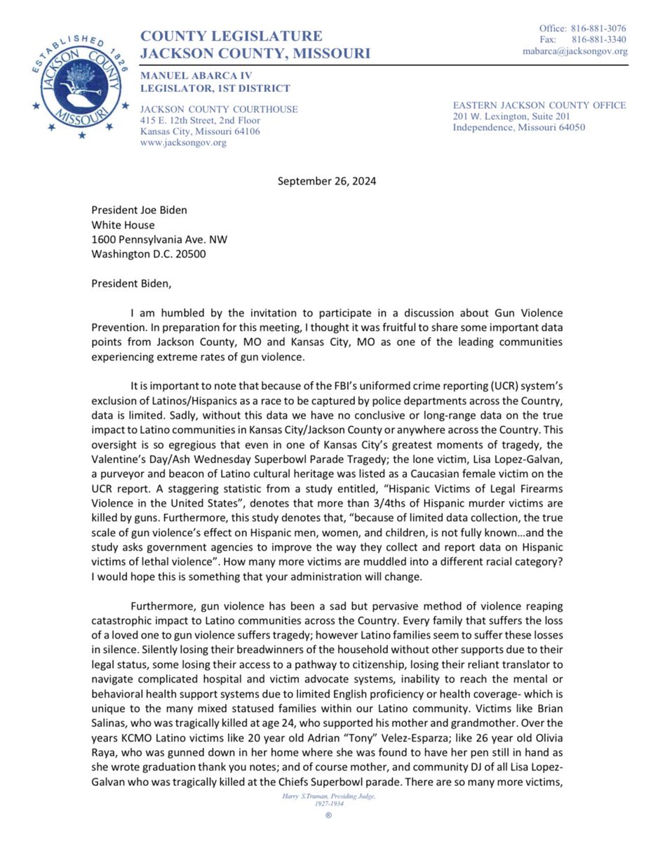 MannyAbarcaIV's tweet photo. Today, this is the letter I plan to share with the administration to help curb gun violence in #KansasCity and throughout @JacksonCountyMO 

#CommonSenseGunReform doesn’t mean the elimination of rights or access, it means that we care more about our kids safety, and the safety of our public spaces to let guns of any type to continue to go unregulated!