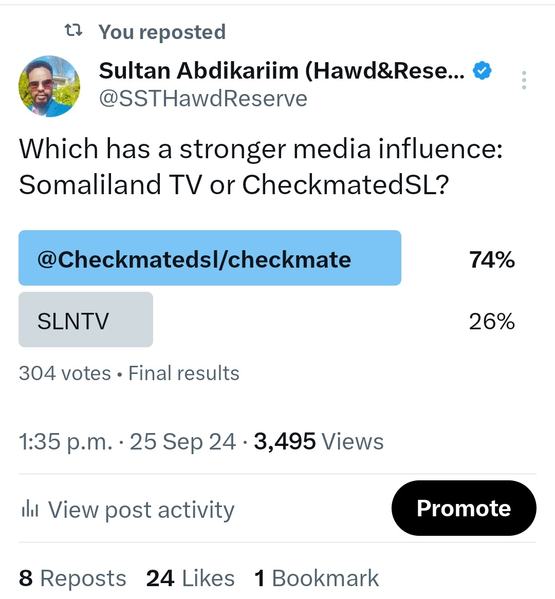 SSTHawdReserve's tweet photo. #Breakingnews
The winner ๐ ๐ฅ ๐๐
Professor Checkmate ๐ธ
@Checkmatedsl Hambalyo Abtiโค๏ธ
304 Qof ba ka Soo Jawaabay Su,aashii waana Sidaan
1= Professor #Checkmate 74%
2=#SLNTV 26% https://t.co/u82THM6I3P