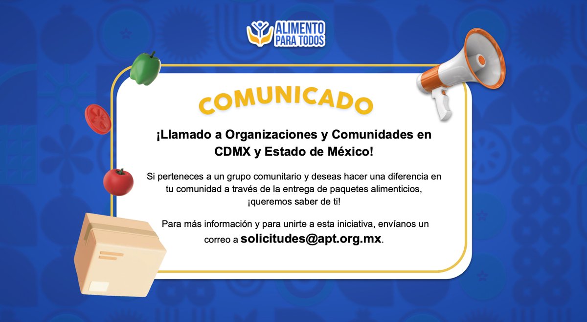 📢 Llamado a Organizaciones y Comunidades en CDMX y Estado de México!

Si perteneces a un grupo comunitario y quieres hacer una diferencia en tu comunidad, únete a esta iniciativa de entrega de alimento.

📩Envíanos un correo a solicitudes@apt.org.mx