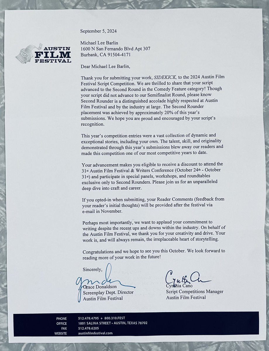 Austin Film Festival letter came in the mail! Looking forward to meeting everyone there again! #AFF24