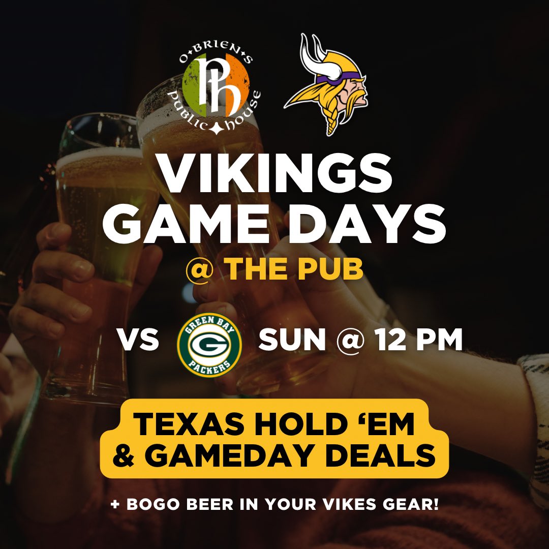 Whoop whoop! 💜💛 Nancy won our first round of Texas Hold ‘Em last weekend during our Vikings Watch Party. We had so much fun we’re going to play again!

Join us on Sunday at 12 pm as the Vikings take on the Packers. 🤩🥳 BOGO beer if you wear your Vikes gear!