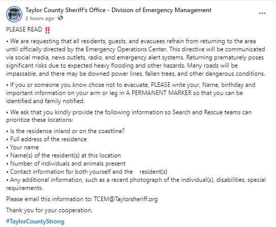 FloridaTropics1's tweet photo. Taylor County asking residents who defied the mandatory evacuation order to write their name and birthday on their arm or leg in permanent marker so they can be identified. A sobering message. #Helene #FLwx https://t.co/ynblAw4I5C