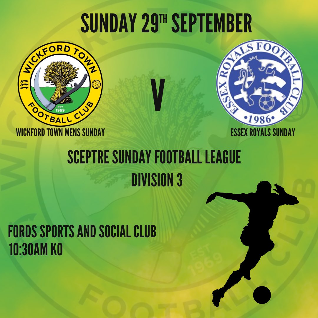 🔰 Sunday Men’s Fixture🔰

Hoping to keep up that 100% record is our Sunday men’s side. 

🆚Essex Royals Sunday
⏰10:30am KO
📍Fords Sports and Social Club, SS14 3AN

#onewickford🔰
