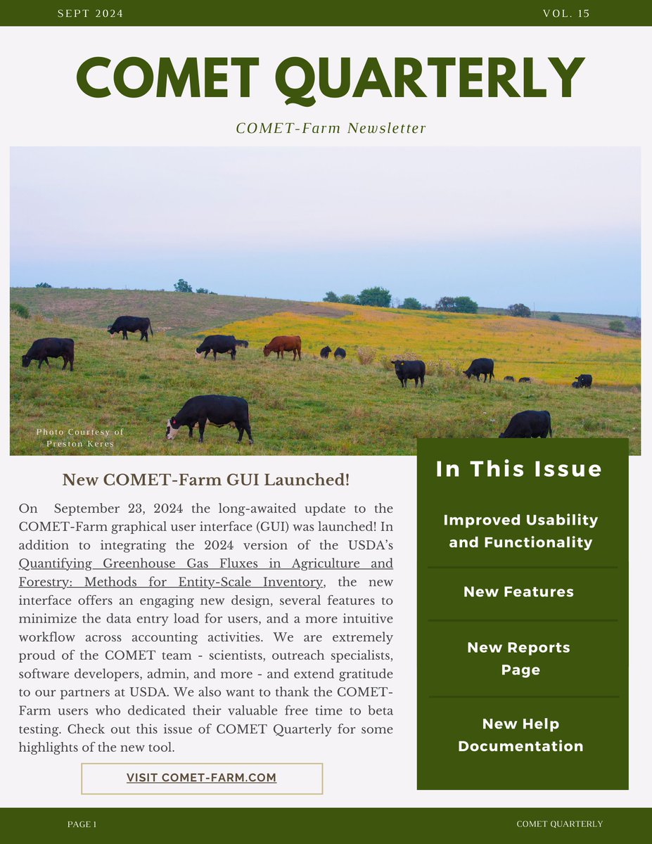 CometFarm's tweet photo. Check out our September 2024 COMET Quarterly Newsletter, featuring a full spread on the new COMET-Farm interface! Learn more here: https://t.co/djeEsdOGUR https://t.co/1a3GrDnaj4
