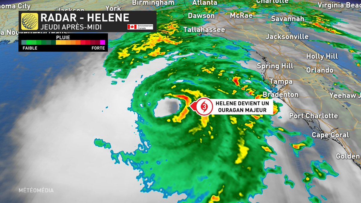 #Helene est devenue ce jeudi un ouragan majeur de cat. 3 avec des vents soutenus d'environ 200 km/h. Il devient très dangereux pour la Floride et les États de la Georgie vers les Carolines. La normale pour le 2e ouragan majeur est le 19 septembre dans l'Atlantique.
#mm #meteoqc